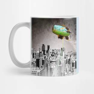 A Message green daisy blimp hovers over a cold gray city Mug